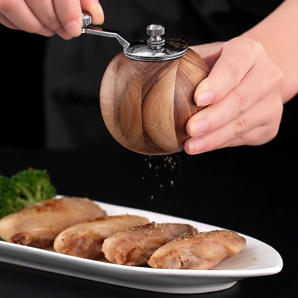 Spherical Pepper Grinder Round Wooden Salt Pepper Grinder, Adjustable Crank Spice Mill for Home and Kitchen