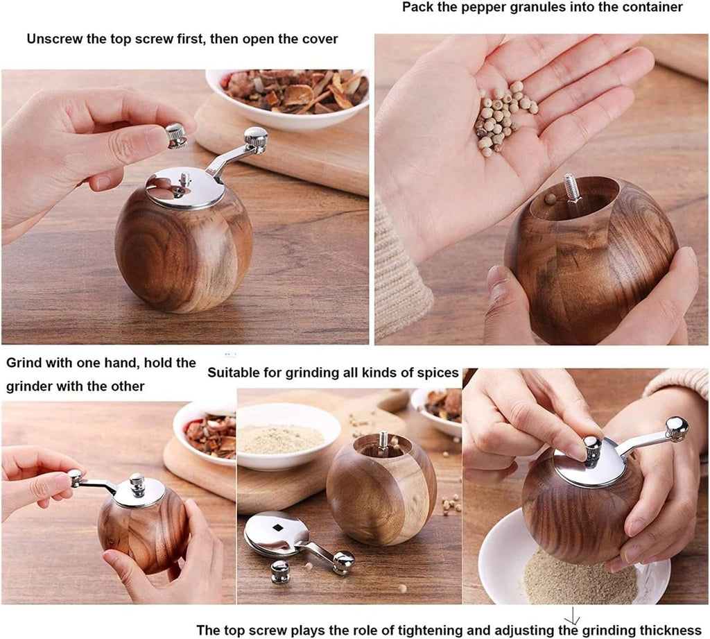 Spherical Pepper Grinder Round Wooden Salt Pepper Grinder, Adjustable Crank Spice Mill for Home and Kitchen