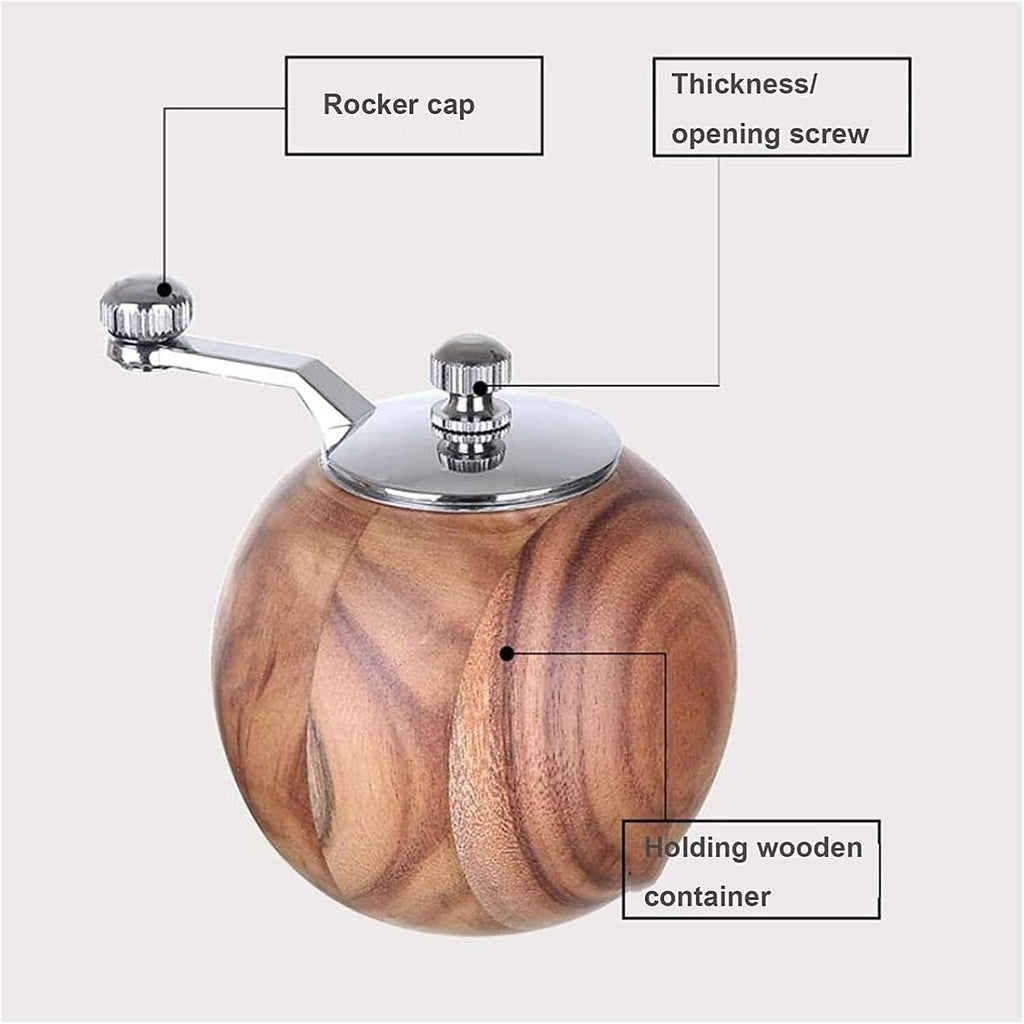 Spherical Pepper Grinder Round Wooden Salt Pepper Grinder, Adjustable Crank Spice Mill for Home and Kitchen