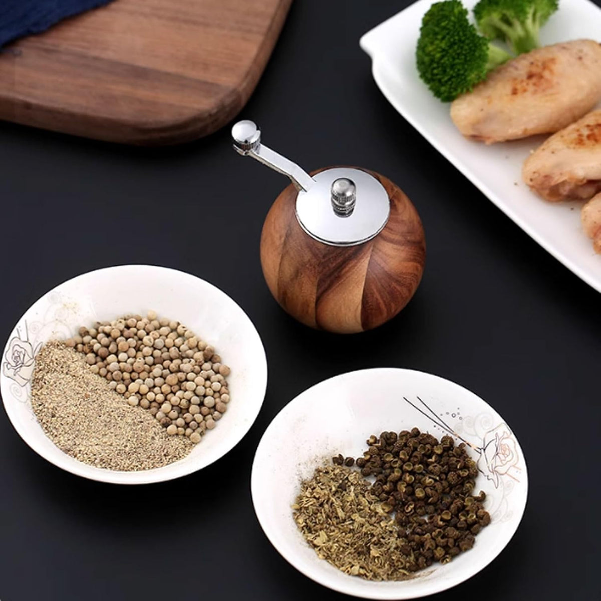 Spherical Pepper Grinder Round Wooden Salt Pepper Grinder, Adjustable Crank Spice Mill for Home and Kitchen