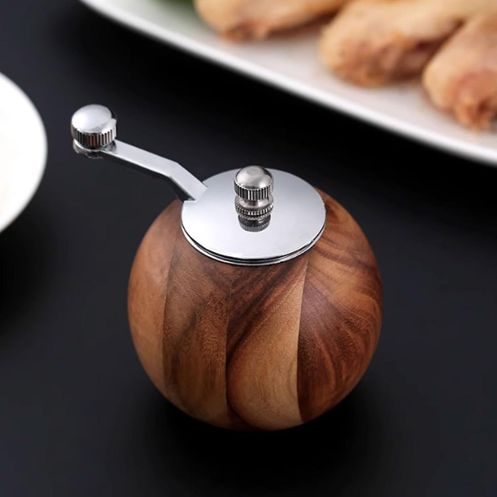 Spherical Pepper Grinder Round Wooden Salt Pepper Grinder, Adjustable Crank Spice Mill for Home and Kitchen