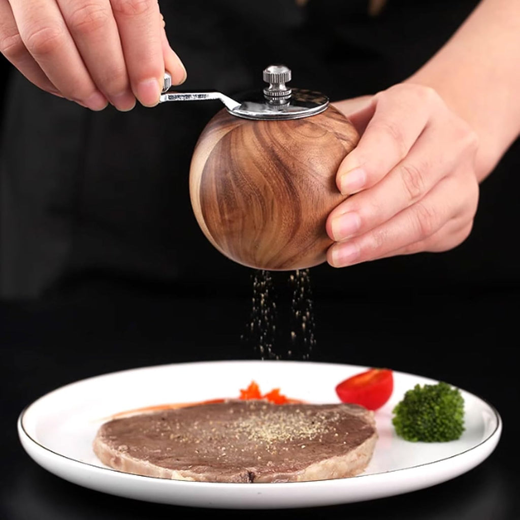 Spherical Pepper Grinder Round Wooden Salt Pepper Grinder, Adjustable Crank Spice Mill for Home and Kitchen