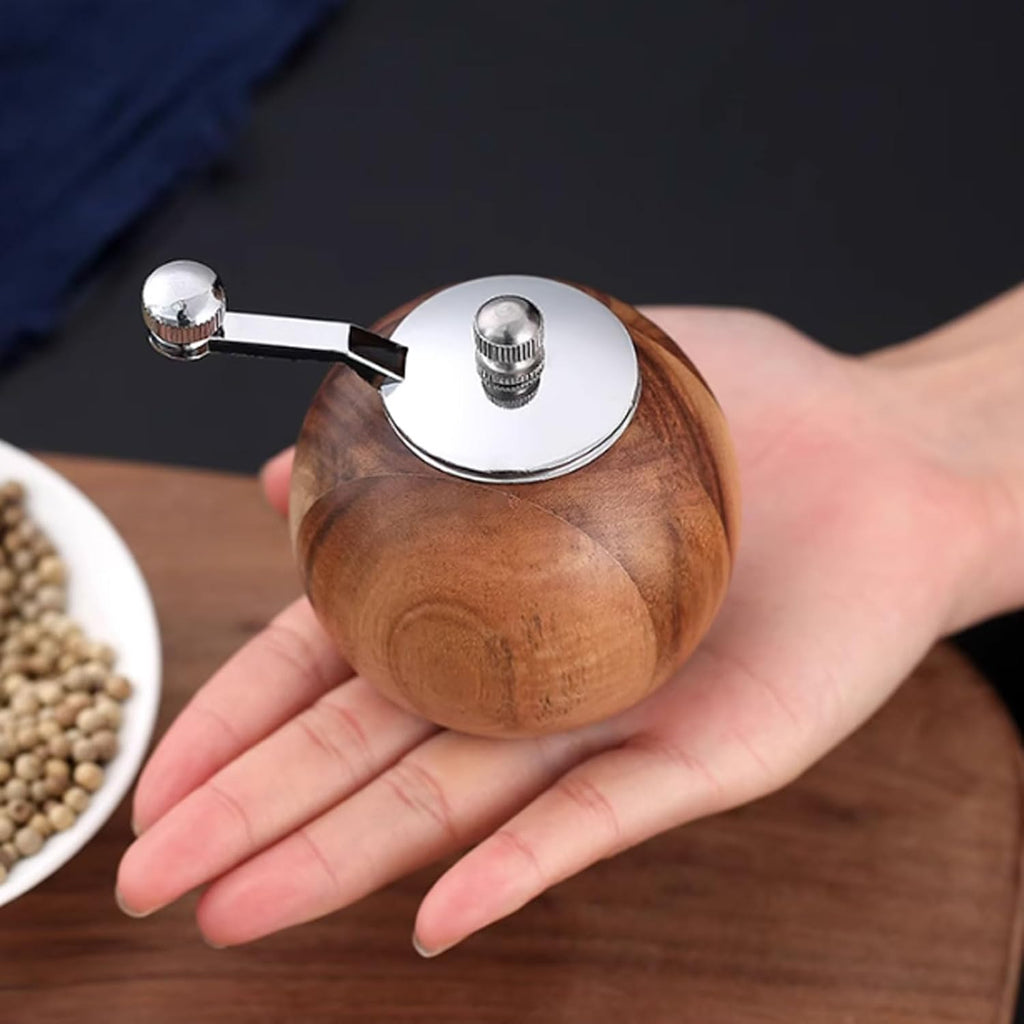 Spherical Pepper Grinder Round Wooden Salt Pepper Grinder, Adjustable Crank Spice Mill for Home and Kitchen