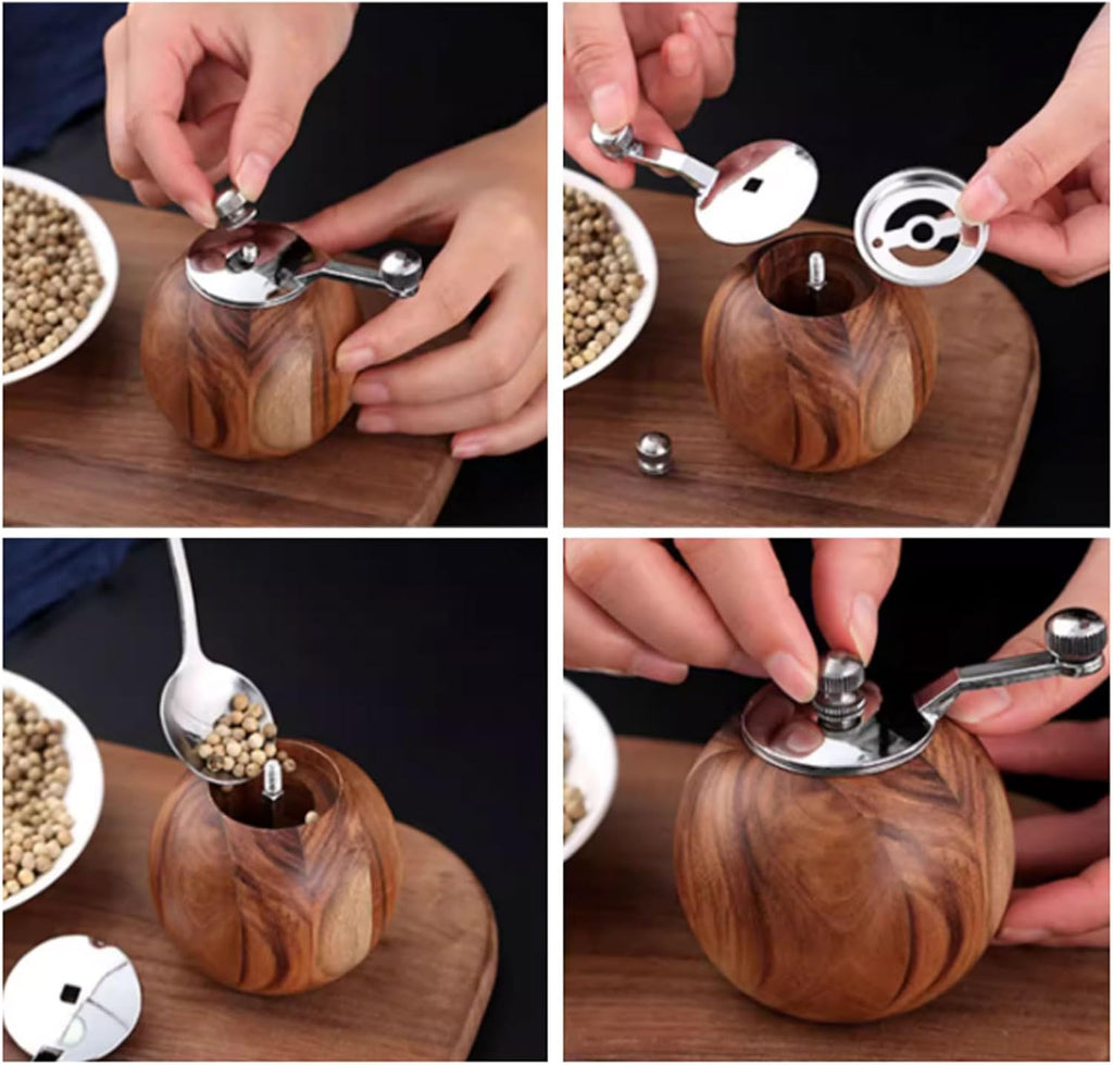 Spherical Pepper Grinder Round Wooden Salt Pepper Grinder, Adjustable Crank Spice Mill for Home and Kitchen