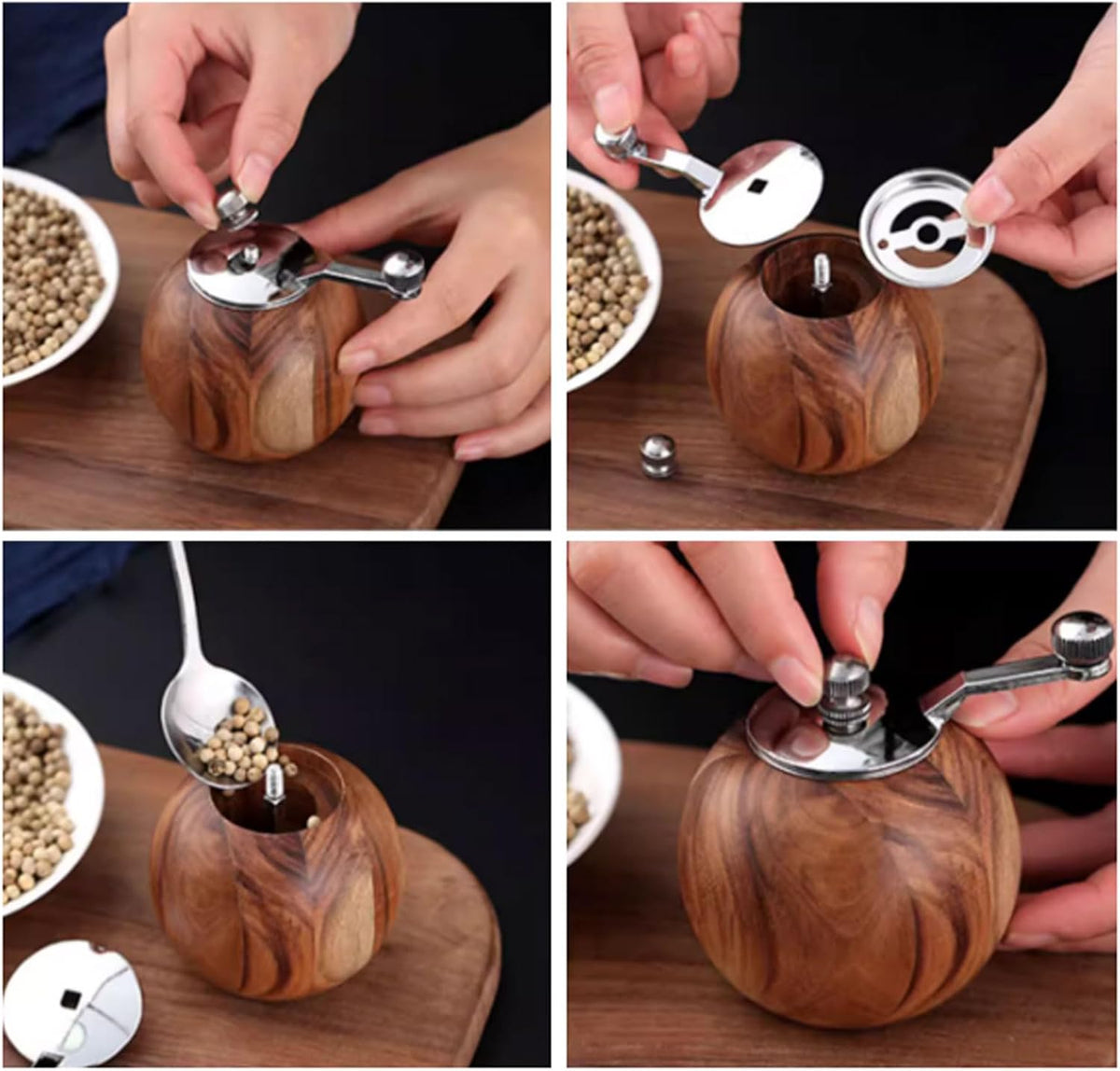 Spherical Pepper Grinder Round Wooden Salt Pepper Grinder, Adjustable Crank Spice Mill for Home and Kitchen