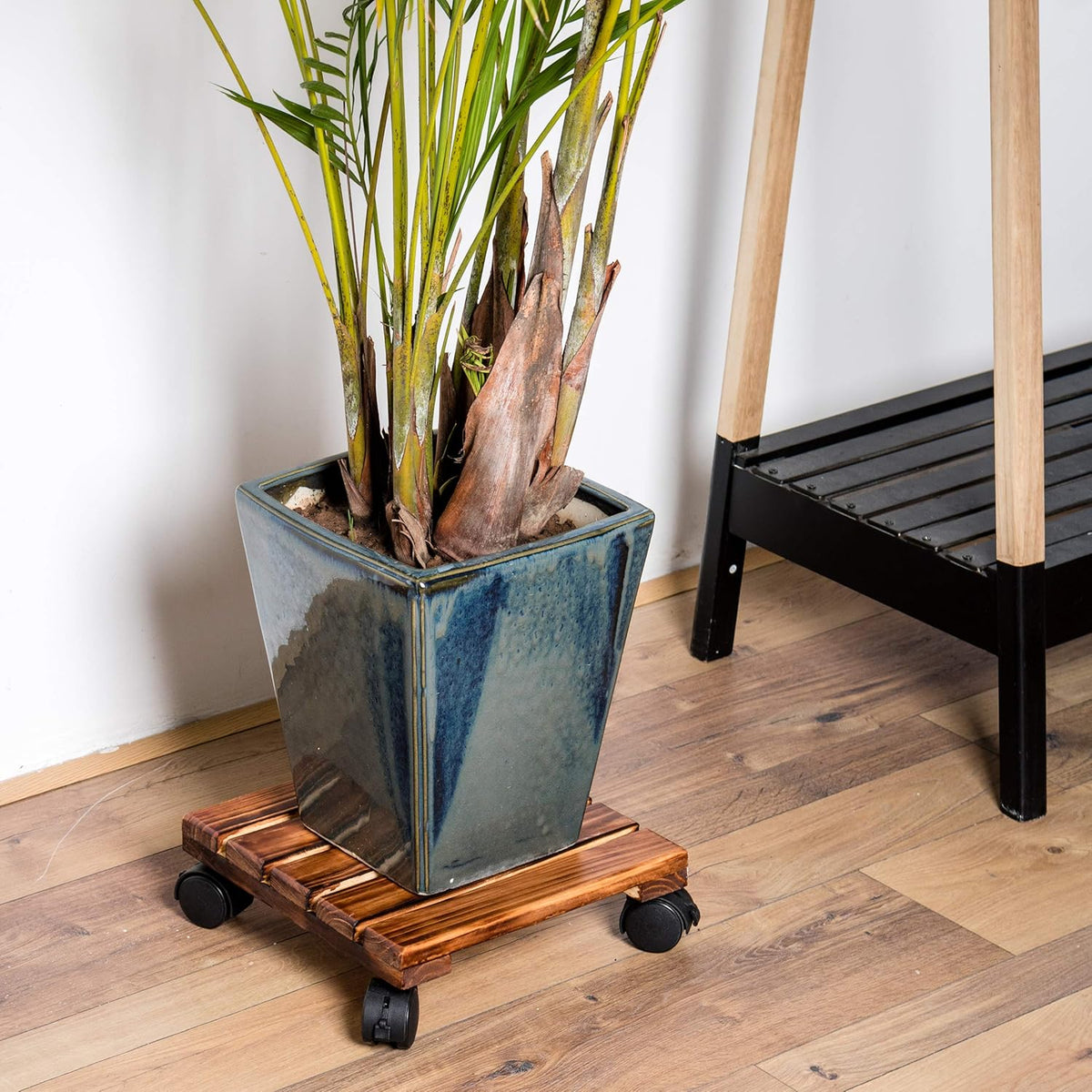 Wooden Plant Roller Stand with Lockable Wheels Caddy Planter Trolley