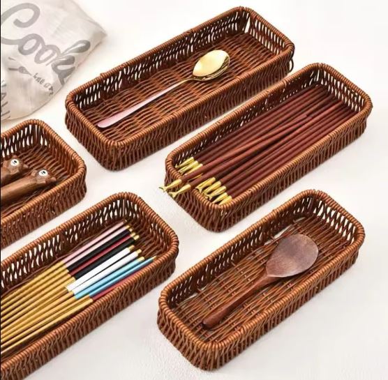 Washable Plastic Rattan Organizer Basket, Kitchen Drawer Organizer, Home Desk Decoration Tray