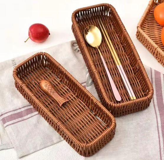 Washable Plastic Rattan Organizer Basket, Kitchen Drawer Organizer, Home Desk Decoration Tray