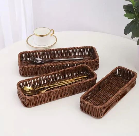 Washable Plastic Rattan Organizer Basket, Kitchen Drawer Organizer, Home Desk Decoration Tray