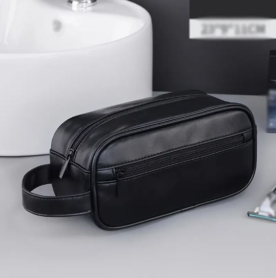 Mens PU Leather Toiletry Bag, Hanging Washbag Waterproof Travel Cosmetics Pouch Essential Toiletries Organizer