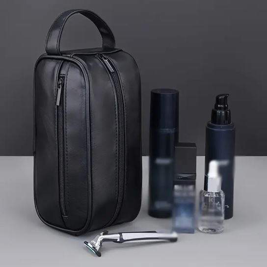 Mens PU Leather Toiletry Bag, Hanging Washbag Waterproof Travel Cosmetics Pouch Essential Toiletries Organizer