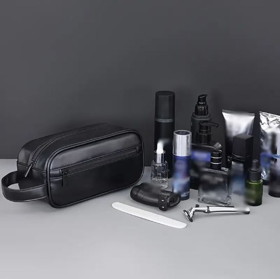 Mens PU Leather Toiletry Bag, Hanging Washbag Waterproof Travel Cosmetics Pouch Essential Toiletries Organizer
