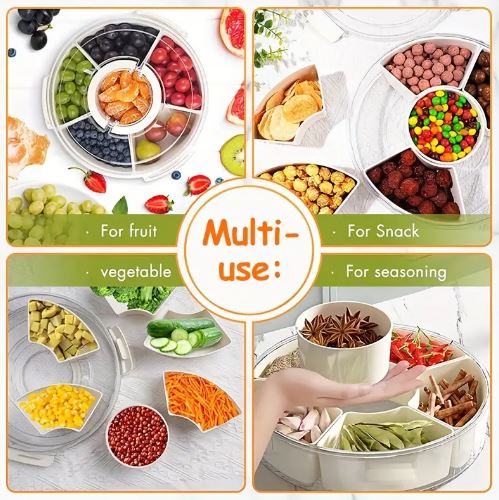 Rotating Snack Organizer Tray with Lid and Handle, Large Multi-Compartment Plastic Food Platter, Portable Snack Tray
