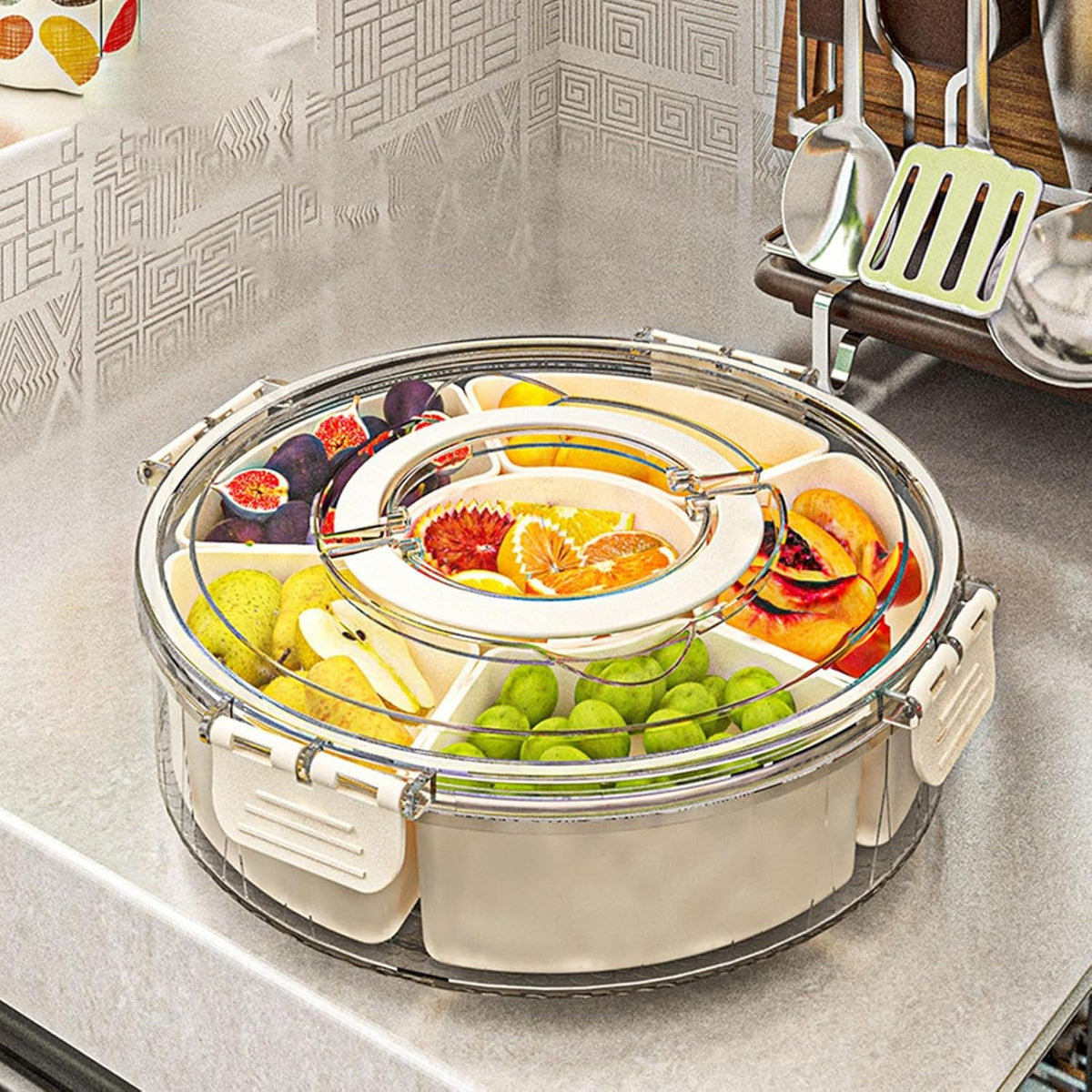 Rotating Snack Organizer Tray with Lid and Handle, Large Multi-Compartment Plastic Food Platter, Portable Snack Tray