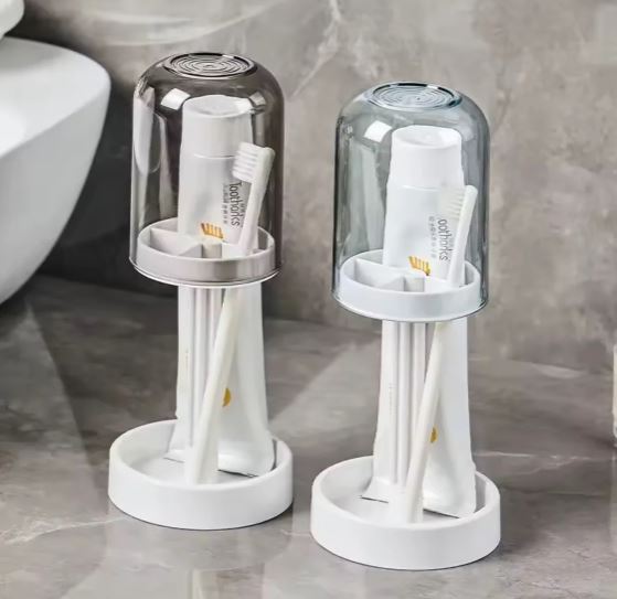 Household Bathroom 3-In-1 Toothbrush Holder Toothpaste & Mouthwash Cup Organizer Dry And Dustproof Cleaning Tool Storage Rack