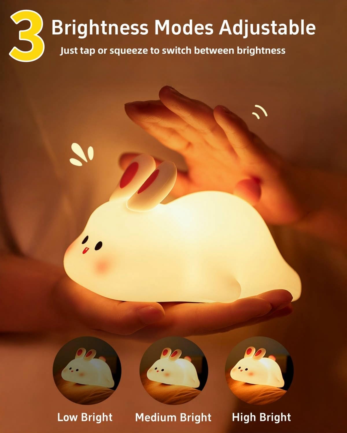 Big Face Rabbit Night Light, Rechargeable Dimmable Animal Night Light, Baby Night Light for Nursery, Bedroom, Living Room