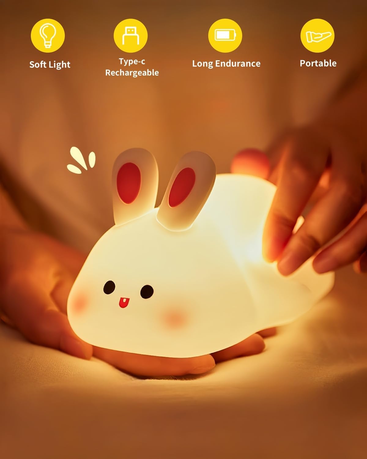 Big Face Rabbit Night Light, Rechargeable Dimmable Animal Night Light, Baby Night Light for Nursery, Bedroom, Living Room