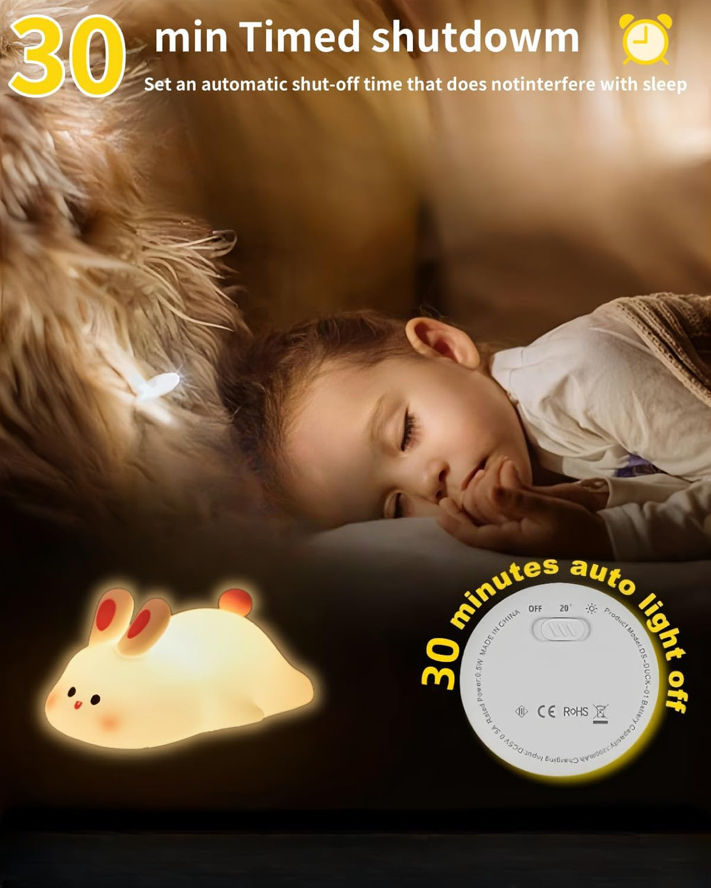 Big Face Rabbit Night Light, Rechargeable Dimmable Animal Night Light, Baby Night Light for Nursery, Bedroom, Living Room