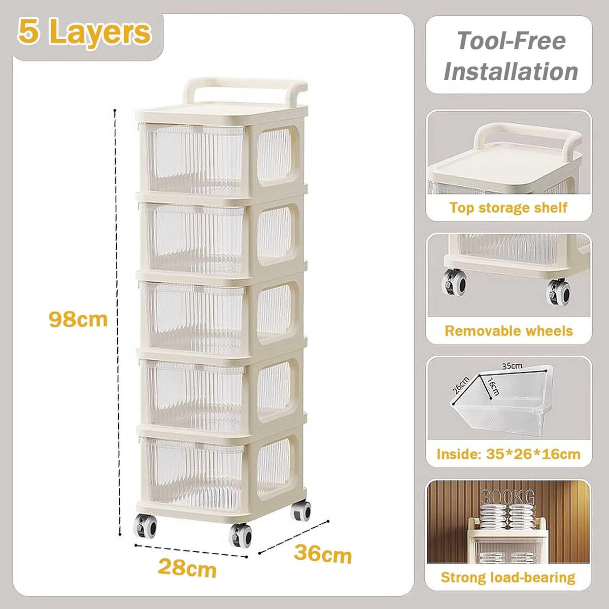 Rolling Storage Cart - Versatile Bedside Table with Wheels Rolling Cart Organizer