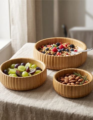 Natural Bamboo Fluted Bowl Salad Bowl Serving Bowl for Table