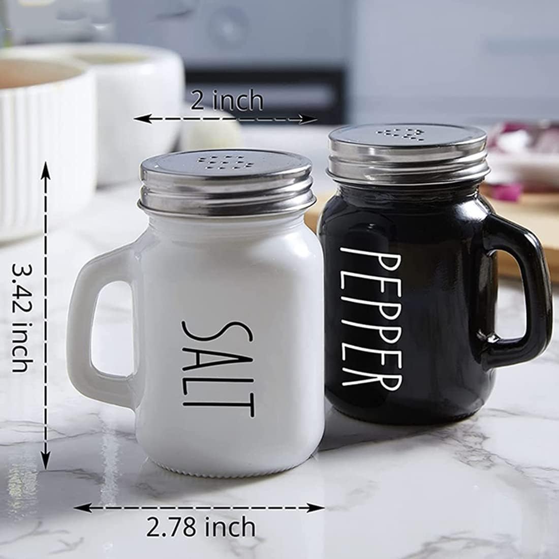 Salt and Pepper Shaker Set, Glass Black and White Shaker Set with Stainless Steel Lid (Black / White)