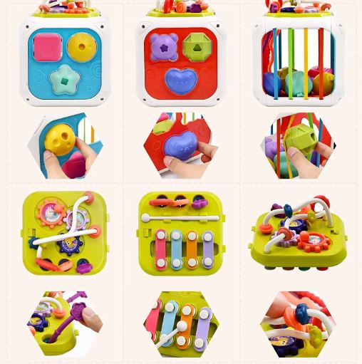 7 in 1 Multifunction Baby Activity Cube, Montessori Sensory Shape Sorter Educational Toys for Kids 1, 2, 3 Years