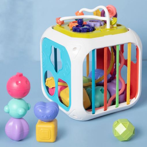 7 in 1 Multifunction Baby Activity Cube, Montessori Sensory Shape Sorter Educational Toys for Kids 1, 2, 3 Years
