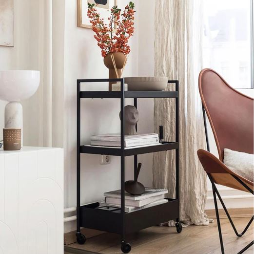 Metal 3-Tier Serving Trolley For Kitchen Home Office Bathroom Mobile Storage Rack Shelves - Black