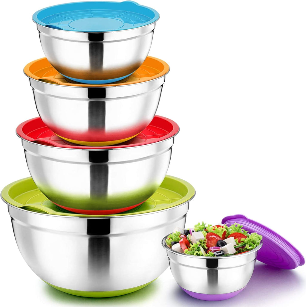 5-Piece Stainless Steel Mixing Bowl Set with Colorful Leak-Proof Lids, Versatile Kitchen Storage Containers