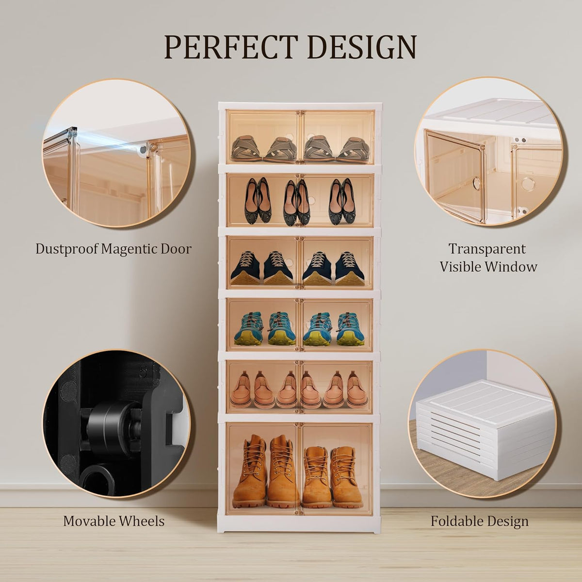 6-Tier Foldable Shoe Rack Organizer Portable Shoe Cabinet with Magnetic Clear Door