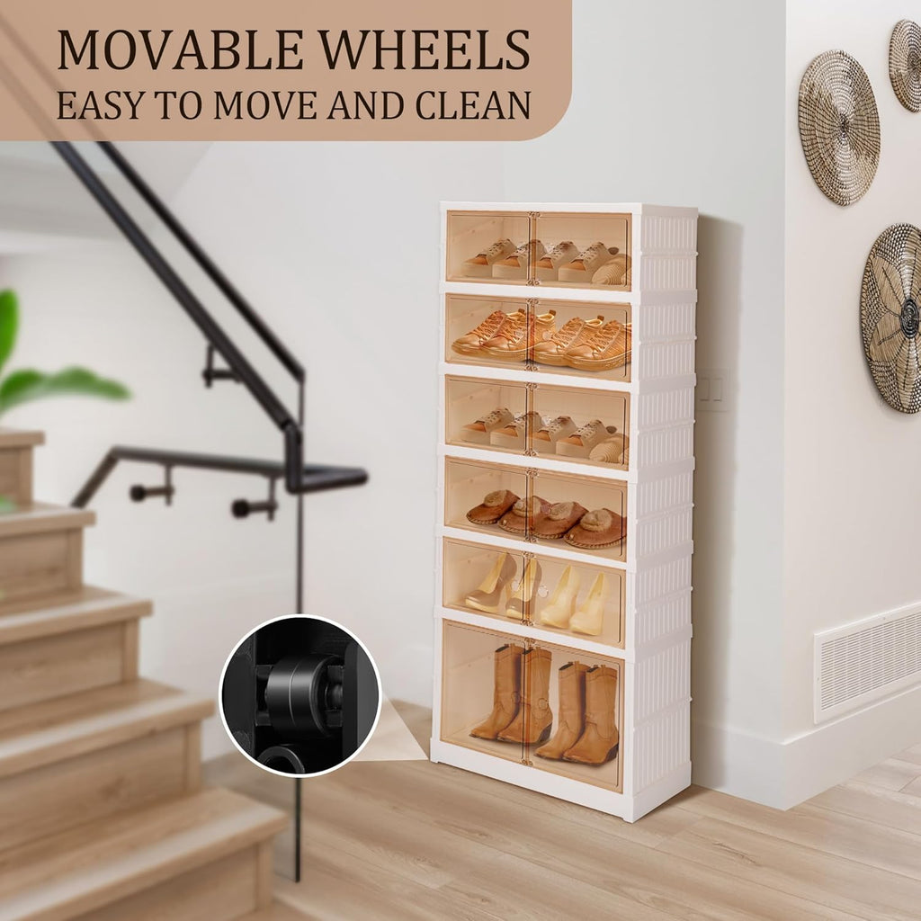 6-Tier Foldable Shoe Rack Organizer Portable Shoe Cabinet with Magnetic Clear Door