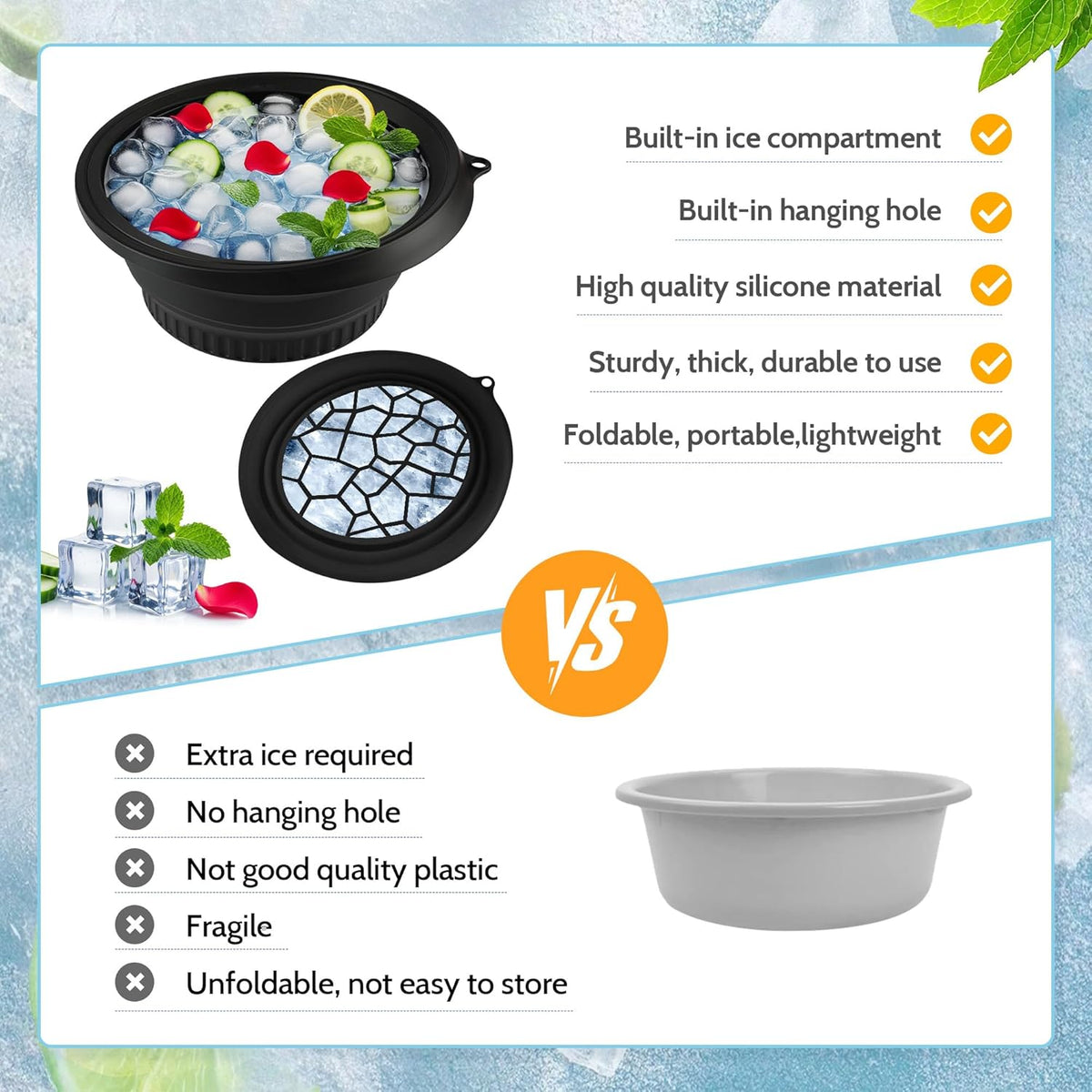 Silicone Ice Cube Bowl for Ice Facial & Cold Therapy, Foldable Facial Ice Bath with Built-in Icetray
