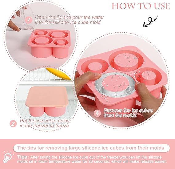 Silicone Ice Cube Tray with Lid, Silicone Ice Cube Tray for 20-30-40 oz Tumbler Cup (Pink)