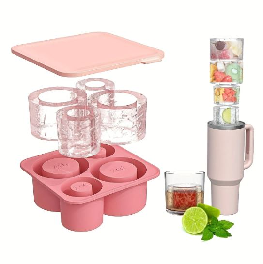 Silicone Ice Cube Tray with Lid, Silicone Ice Cube Tray for 20-30-40 oz Tumbler Cup (Pink)