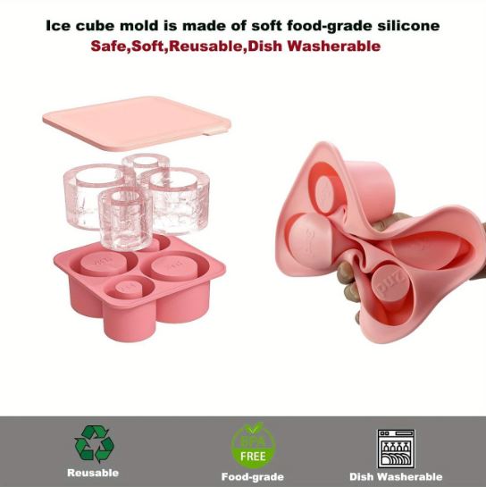 Silicone Ice Cube Tray with Lid, Silicone Ice Cube Tray for 20-30-40 oz Tumbler Cup (Pink)