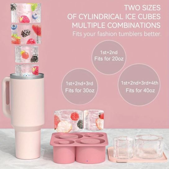 Silicone Ice Cube Tray with Lid, Silicone Ice Cube Tray for 20-30-40 oz Tumbler Cup (Pink)