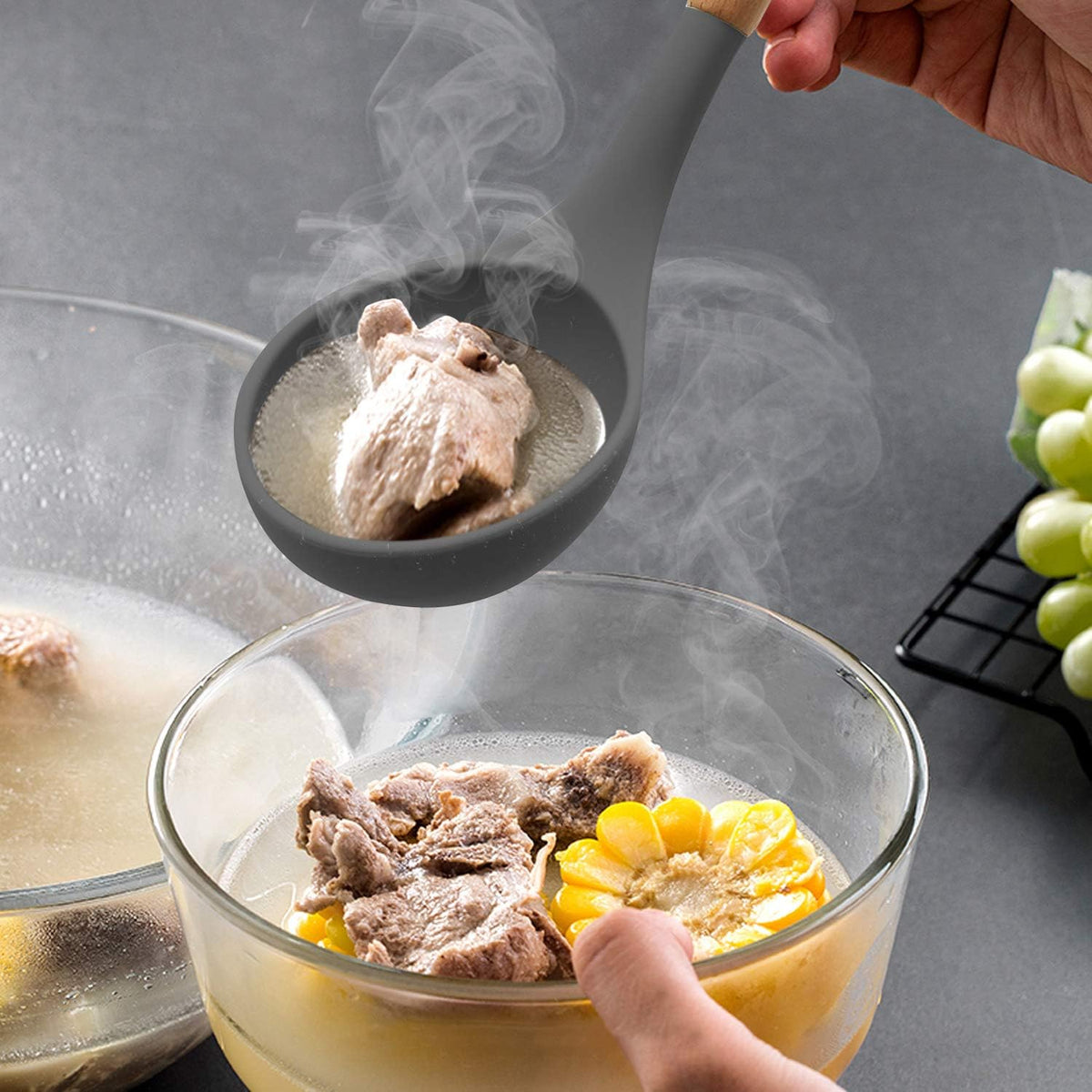 Silicone Ladle Wooden Handle, Silicone Kitchen Cooking Utensils - BPA-Free & Heat Resistant