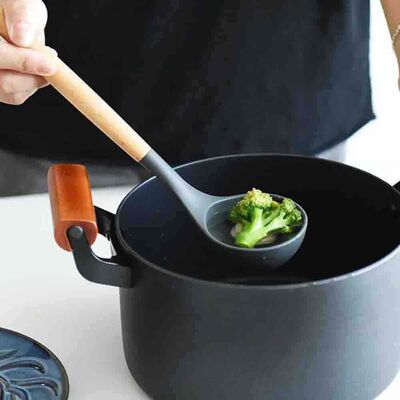 Silicone Ladle Wooden Handle, Silicone Kitchen Cooking Utensils - BPA-Free & Heat Resistant