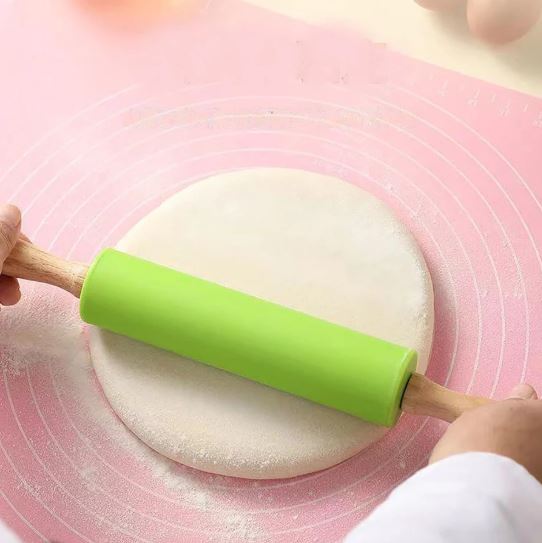 Silicone Rolling Pin for Baking Non-Stick Rolling Pin Dough Roller Wooden Handle Kitchen Accessories Pastry Roller