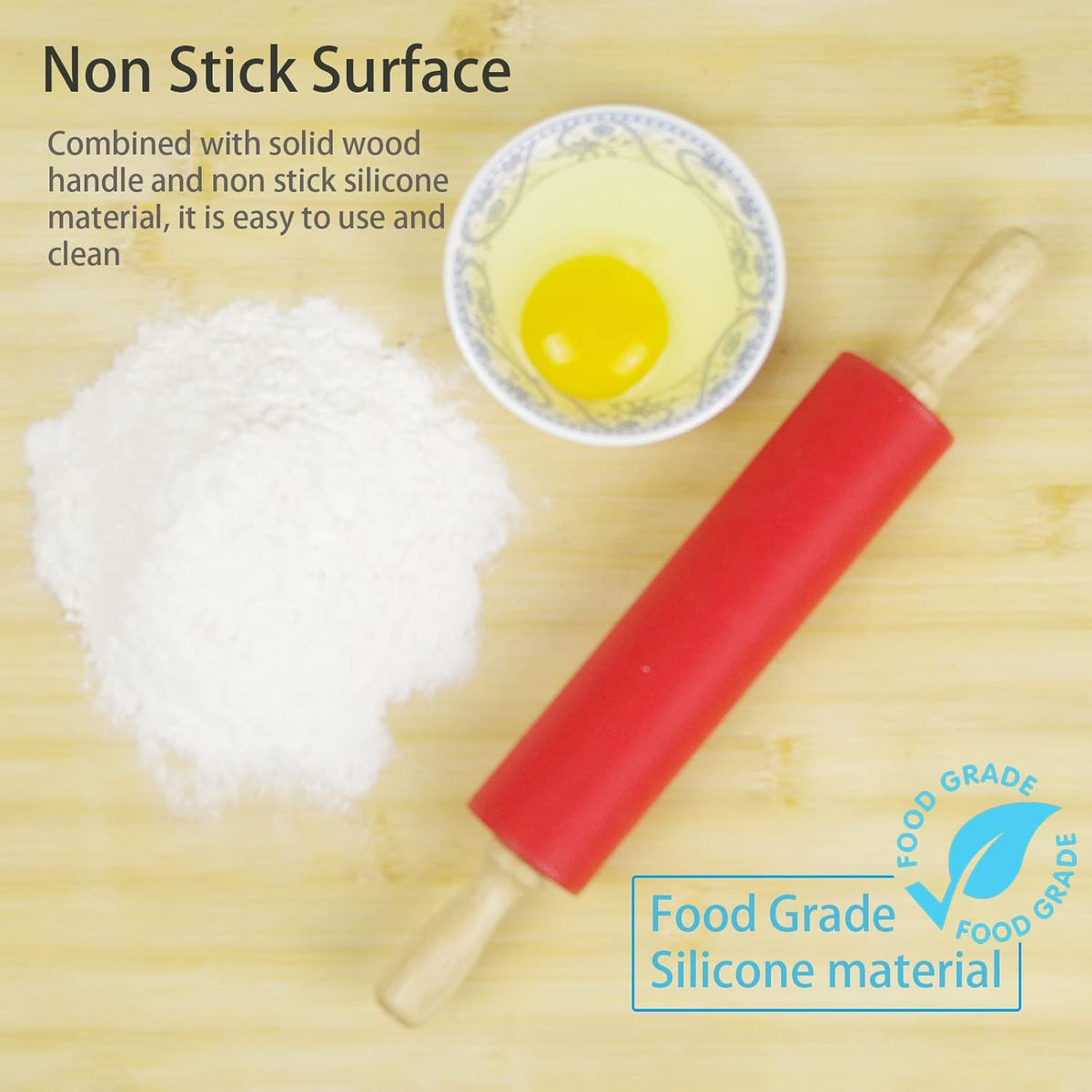 Silicone Rolling Pin for Baking Non-Stick Rolling Pin Dough Roller Wooden Handle Kitchen Accessories Pastry Roller