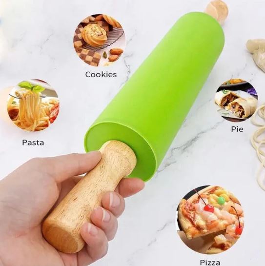 Silicone Rolling Pin for Baking Non-Stick Rolling Pin Dough Roller Wooden Handle Kitchen Accessories Pastry Roller