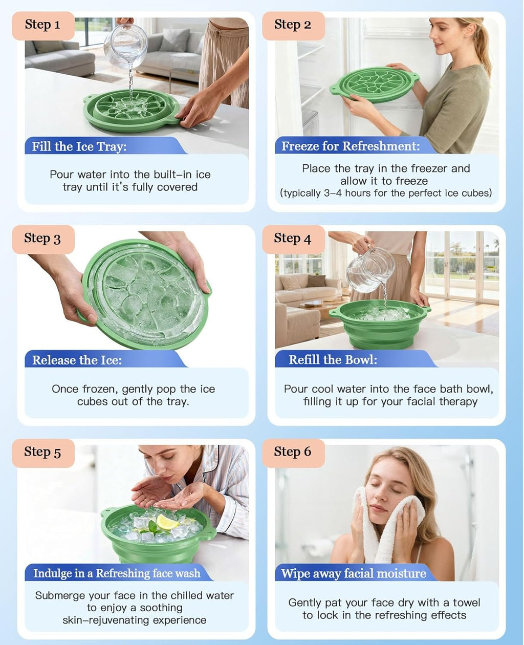 Silicone Ice Cube Bowl for Ice Facial & Cold Therapy, Foldable Facial Ice Bath with Built-in Icetray