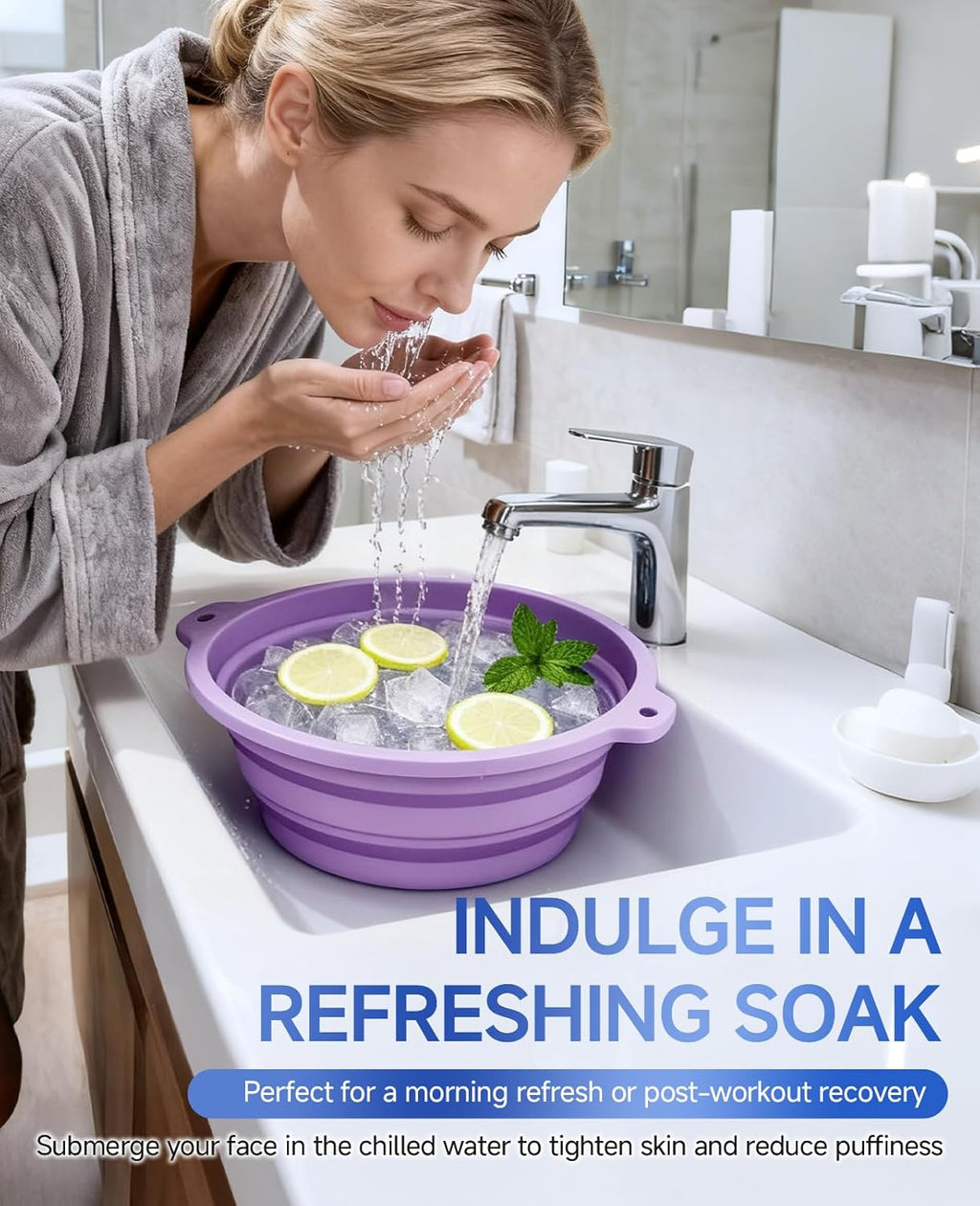 Silicone Ice Cube Bowl for Ice Facial & Cold Therapy, Foldable Facial Ice Bath with Built-in Icetray