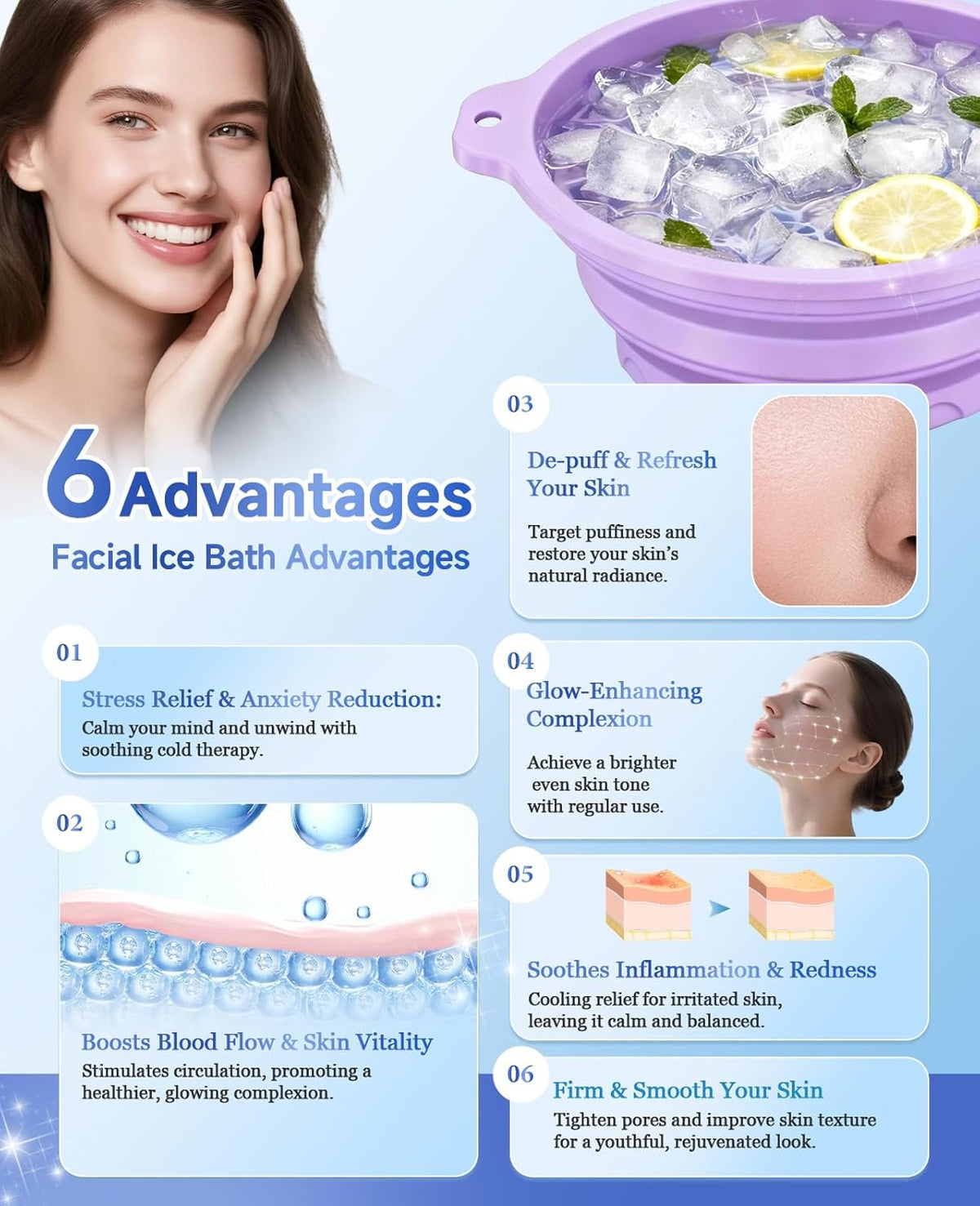 Silicone Ice Cube Bowl for Ice Facial & Cold Therapy, Foldable Facial Ice Bath with Built-in Icetray