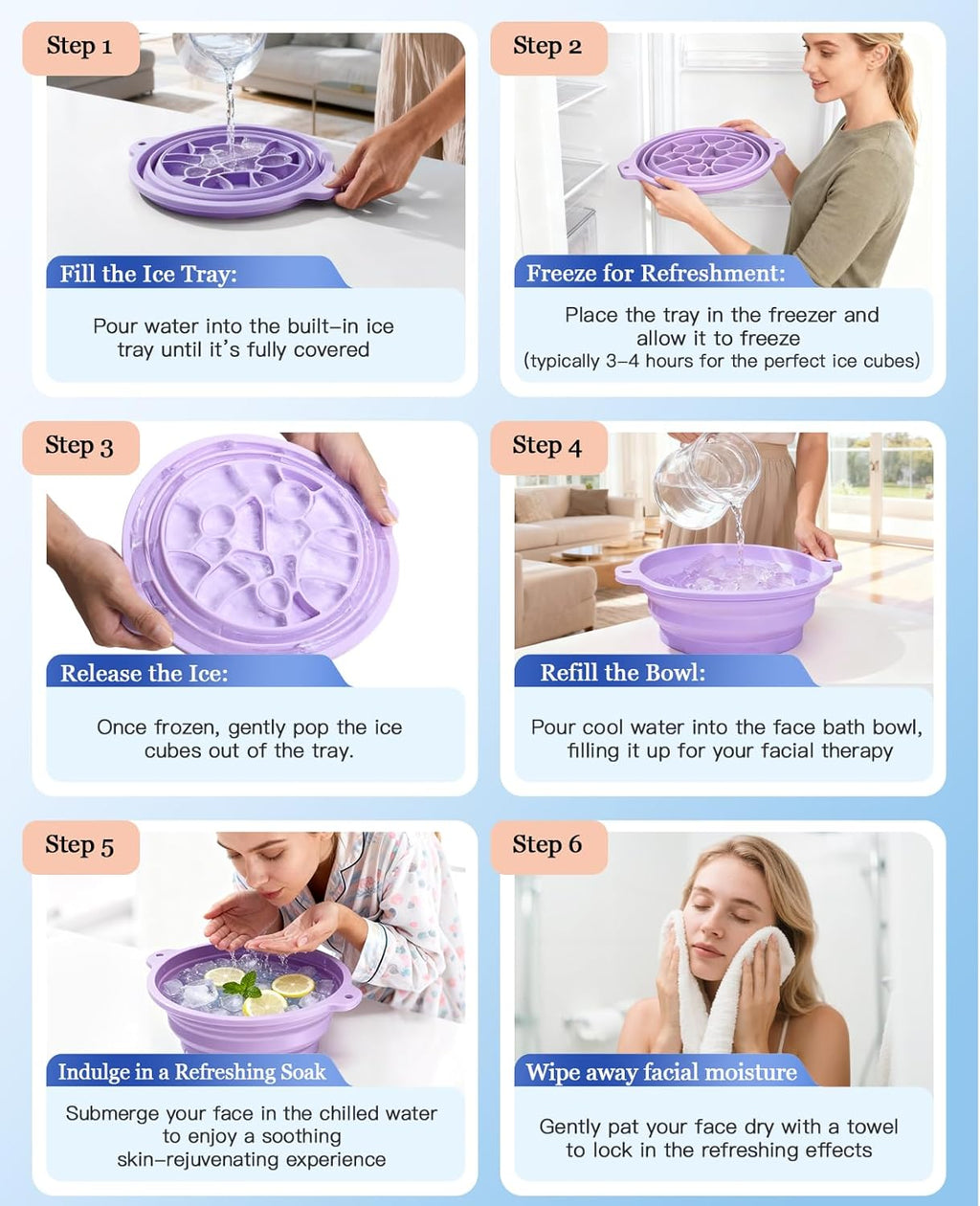 Silicone Ice Cube Bowl for Ice Facial & Cold Therapy, Foldable Facial Ice Bath with Built-in Icetray