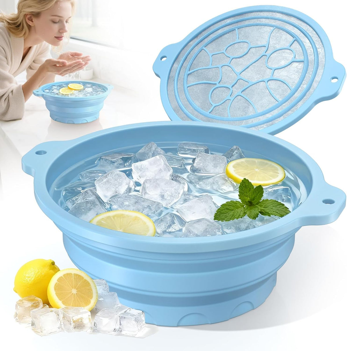 Silicone Ice Cube Bowl for Ice Facial & Cold Therapy, Foldable Facial Ice Bath with Built-in Icetray