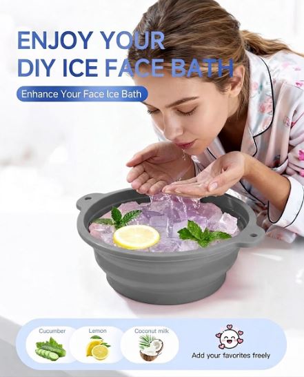 Silicone Ice Cube Bowl for Ice Facial & Cold Therapy, Foldable Facial Ice Bath with Built-in Icetray
