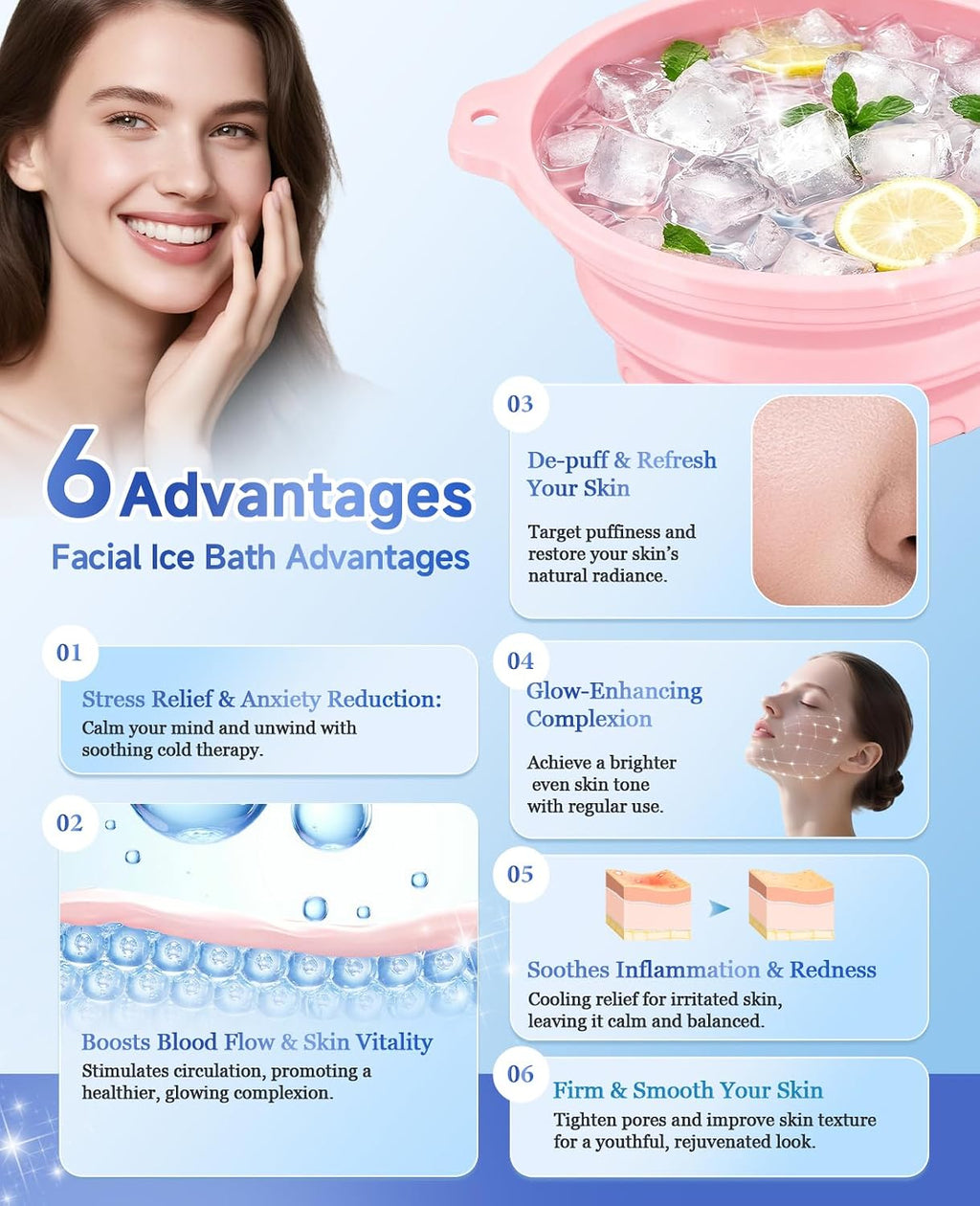 Silicone Ice Cube Bowl for Ice Facial & Cold Therapy, Foldable Facial Ice Bath with Built-in Icetray