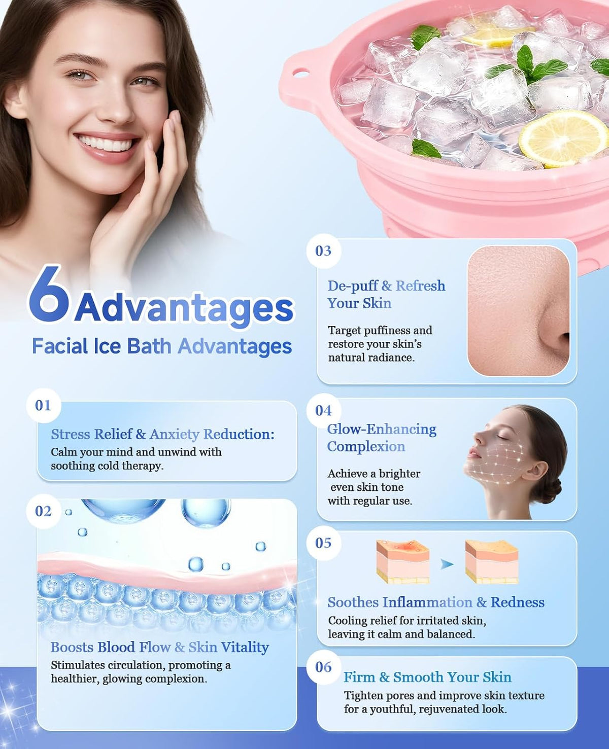 Silicone Ice Cube Bowl for Ice Facial & Cold Therapy, Foldable Facial Ice Bath with Built-in Icetray