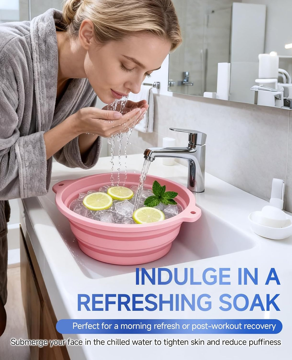 Silicone Ice Cube Bowl for Ice Facial & Cold Therapy, Foldable Facial Ice Bath with Built-in Icetray